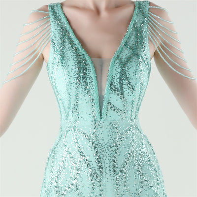 Mermaid Sequins Tulle V-neck Beading Prom Dress