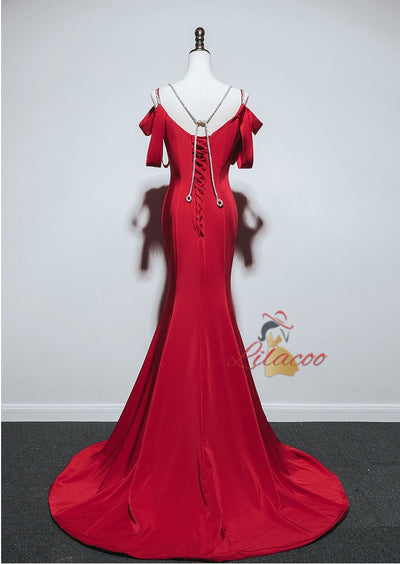 Red Mermaid Spaghetti Straps Beading Prom Dress