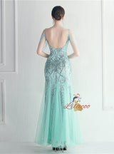 Mermaid Sequins Tulle Spaghetti Straps Beading Prom Dress