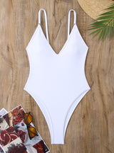 V-neck Backless Solid Color One-piece Swimsuit