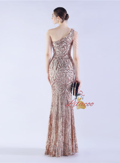 Mermaid Sequins One Shoulder Beading Prom Dress