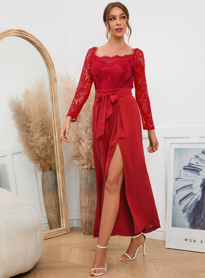 Sexy Lace Long Sleeve Belt Jumpsuit