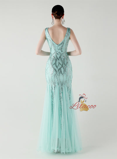 Mermaid Tulle Sequins V-neck Prom Dress