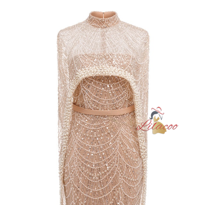 Champagne Tulle Beading Shawl Prom Dress