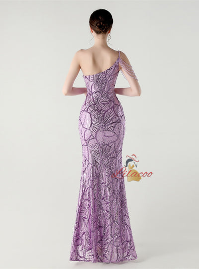 Mermaid Sequins One Shoulder Split Beading Prom Dress