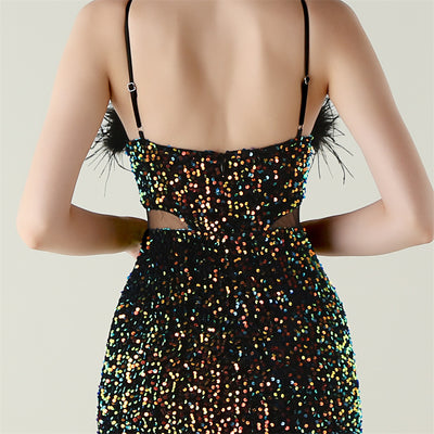 Black Sequins Spaghetti Straps Feather Prom Dress