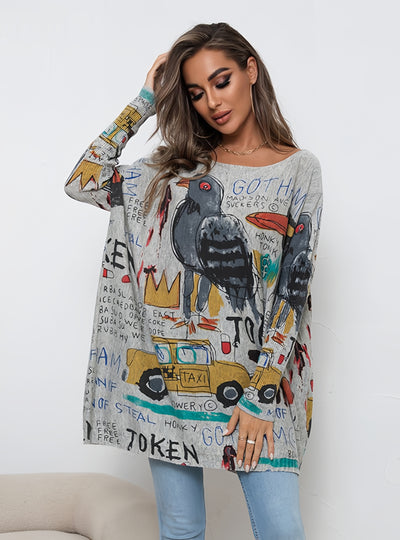 Cartoon Printed Pullover Loose Long Sleeve Sweater