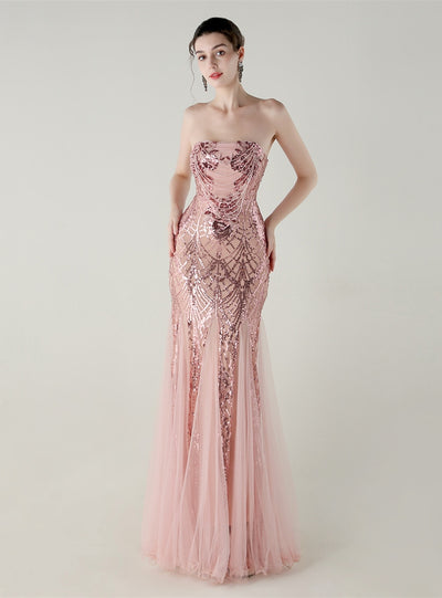 Mermaid Tulle Sequins Strapless Beading Prom Dress