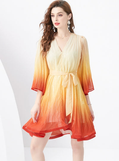 Holiday V-neck Trumpet Sleeve Pleated Gradient Dress