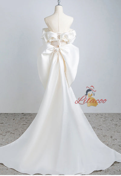 Beige White Mermaid Sequins Pearls Prom Dress