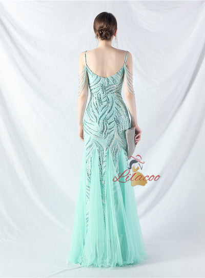 Spaghetti Straps Mermaid Sequins Tulle Beading Prom Dress