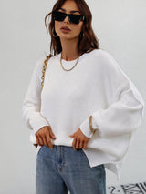 Round Neck Knitted Loose Split Pullover Sweater