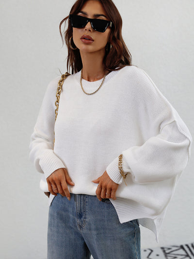 Round Neck Knitted Loose Split Pullover Sweater