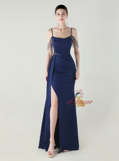 Burgundy Mermaid Spaghetti Straps Beading Prom Dress