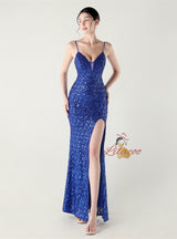 Spaghetti Straps Sequins Split Prom Dress