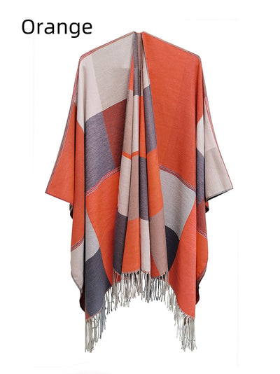 Fringed Double-sided Plaid Split Shawl
