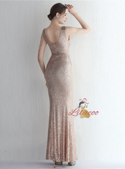 V-neck Mermaid Sequins V-neck Beading Prom Dress