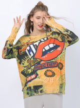 Mouth Printed Pullover Long Sleeve Sweater