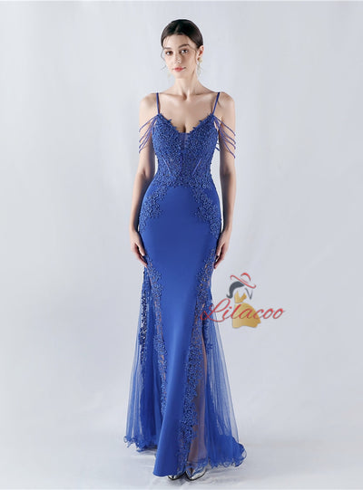 Mermaid Sequins Spaghetti Straps Appliques Prom Dress