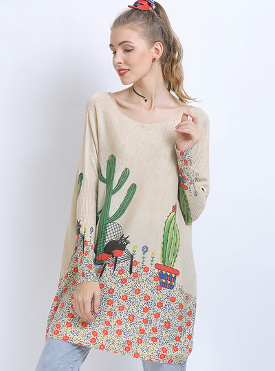 Long Sleeve Cactus Printed Sweater