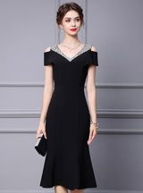 Burgundy V-neck Beading Mother Of The Bride Dress