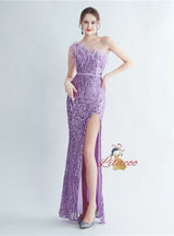 Mermaid Sequins One Shoulder Beading Split Prom Dress