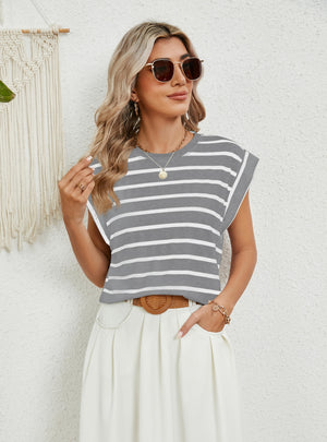 Round Neck Loose Short Sleeve Striped T-shirt
