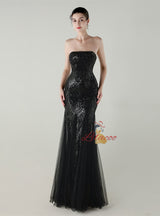 Sequins Tulle Strapless Beading Prom Dress
