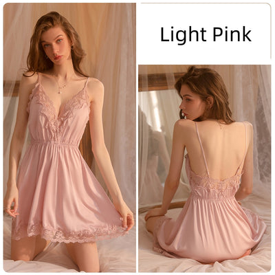 Lace Deep V Backless Suspender Nightdress Suit