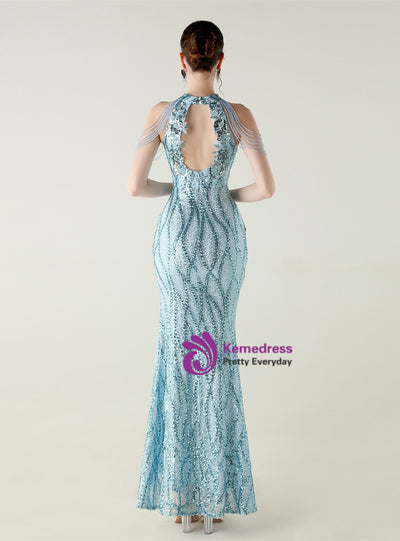 Mermaid Sequins Halter Beading Prom Dress