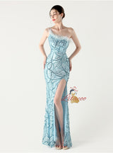 Mermaid One Shoulder Sequins Feather Prom Dress