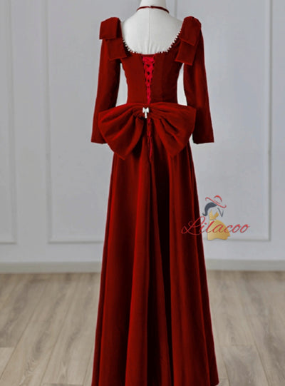 Burgundy Velvet Long Sleeve Bow Prom Dress