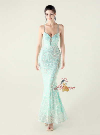 Spaghetti Straps Mermaid Sequins Beading Prom Dress