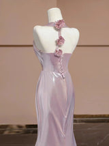 Pink Mermaid V-neck Pleats Flower Prom Dress