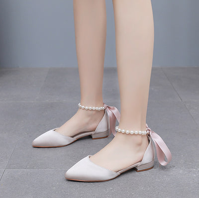 Flat-heeled Pointed Satin Beaded Bridal Shoes