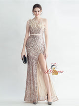 Women One Shoulder Sequins Split Prom Dress