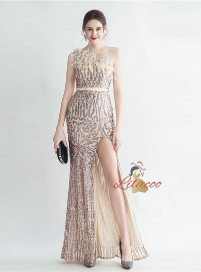 Women One Shoulder Sequins Split Prom Dress