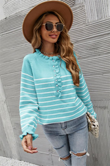 Button Wood Ear Striped Stitching Sweater