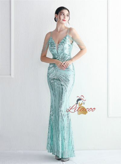 Spaghetti Straps Mermaid Beading Prom Dress