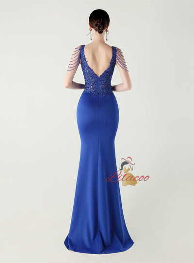 Mermaid V-neck Appliques Beading Prom Dress