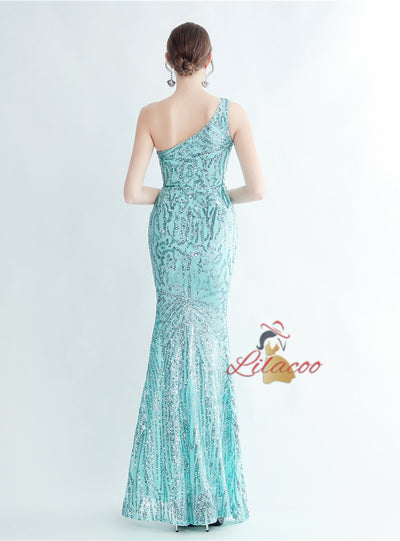 Mermaid One Shoulder Sequins Split Prom Dress