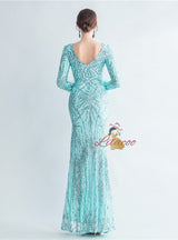 Long Sleeve Split Sequins Prom Dress