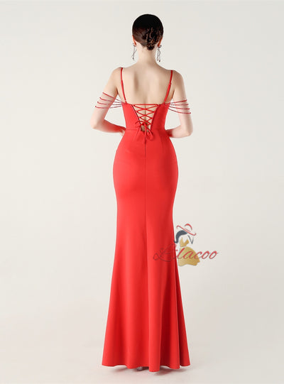 Mermaid Spaghetti Straps Beading Split Prom Dress