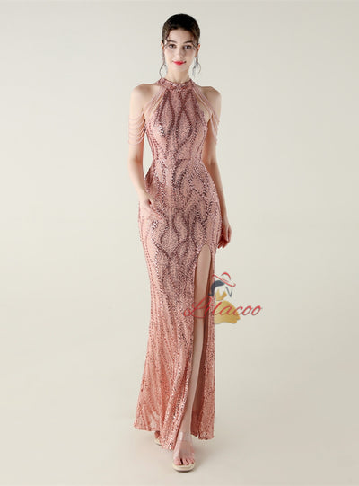 Mermaid Sequins Halter Backless Beading Prom Dress