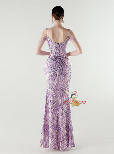 Mermaid Spaghetti Straps Sequins Split Beading Prom Dress