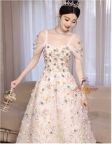 White Tulle Sequins Flower Off the Shoulder Prom Dress