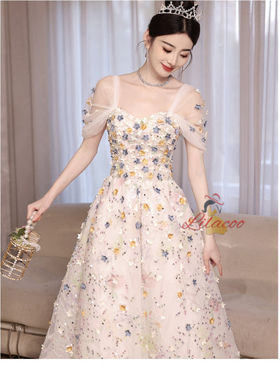 White Tulle Sequins Flower Off the Shoulder Prom Dress