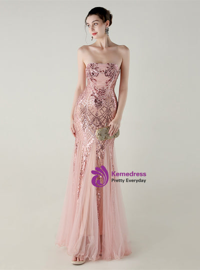Mermaid Tulle Sequins Strapless Beading Prom Dress