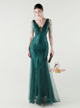 Mermaid Sequins Tulle V-neck Beading Prom Dress
