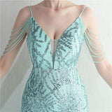 Mermaid Sequins Tulle Spaghetti Straps Beading Prom Dress